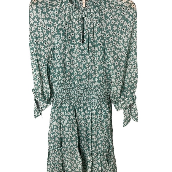 Rebecca Taylor Floral Silk Dress Smocked Waist Metallic Accents Green Size Small - Picture 2 of 10